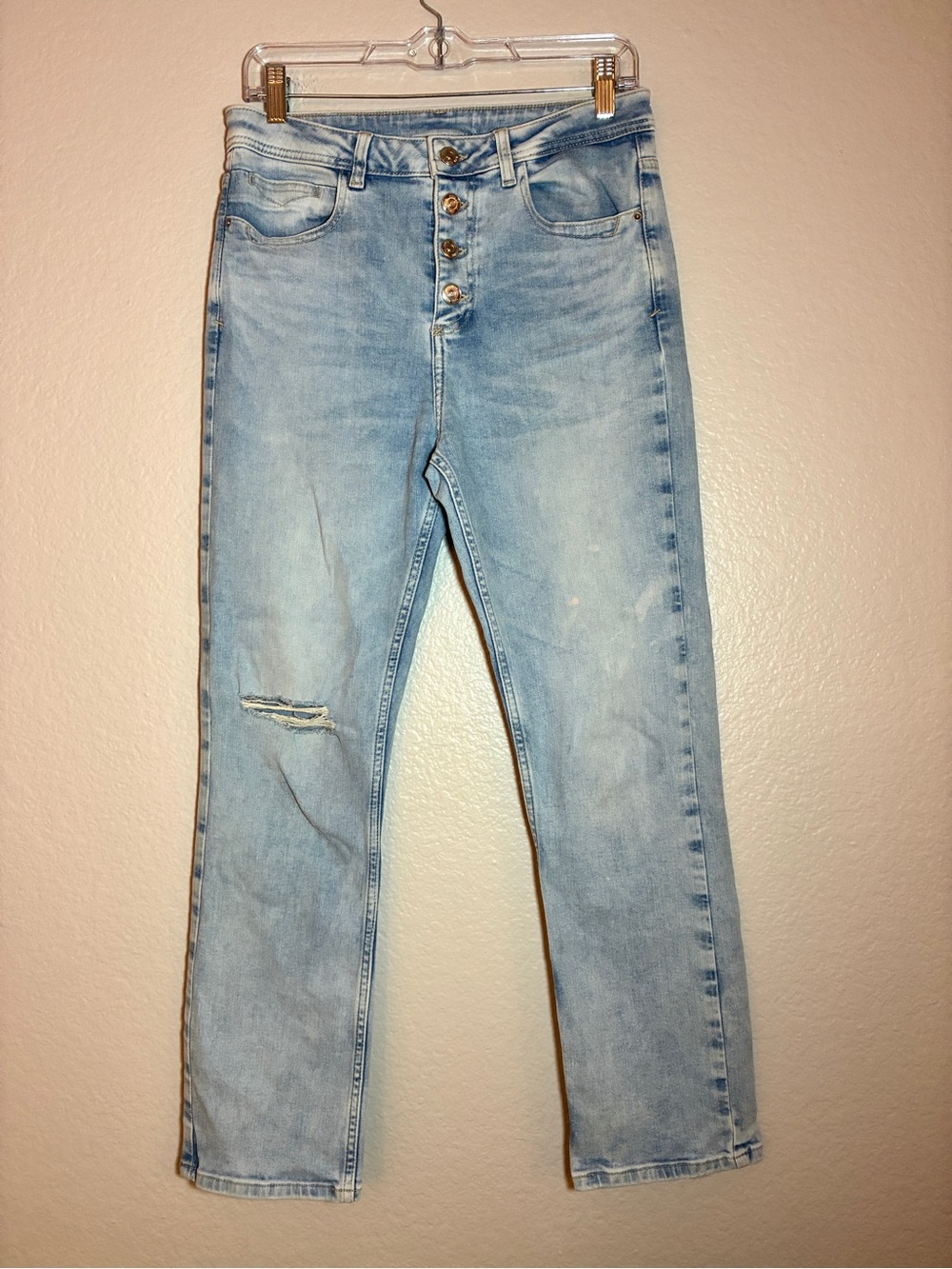 Zara Denim Light Wash Jeans Women's Button Fly Distressed Ripped Knee Straight